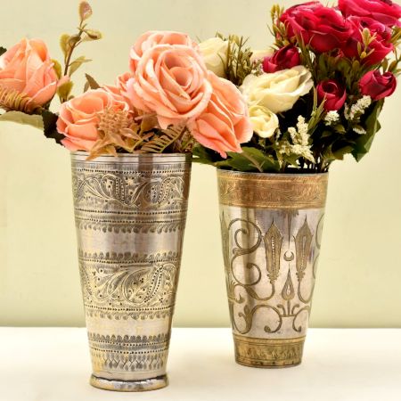 Floral Design Golden Brass Vintage Butter Milk Cup - Pack of 2